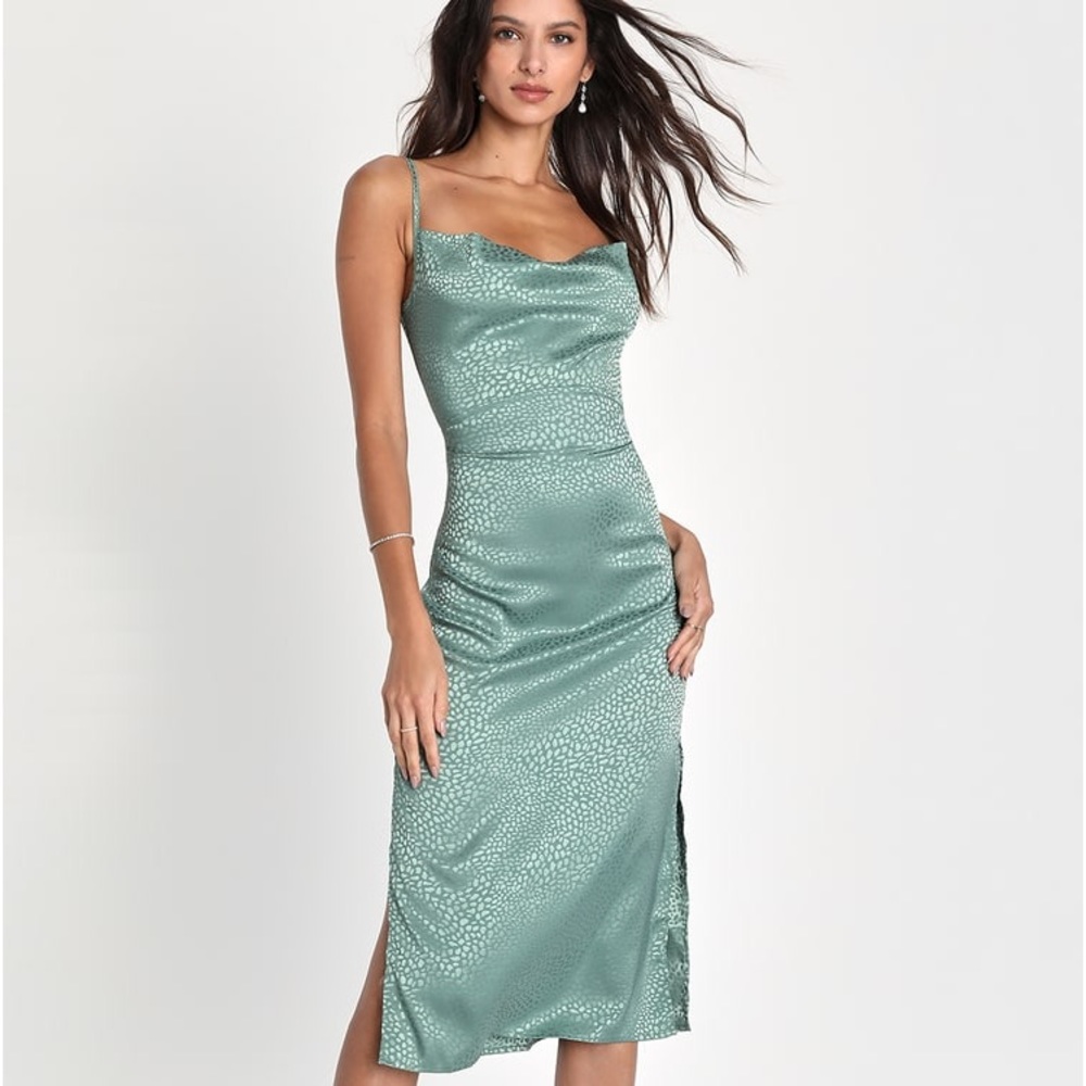 Lulu’s Sage Green Satin Jacquard Cowl Neck Midi Dress
